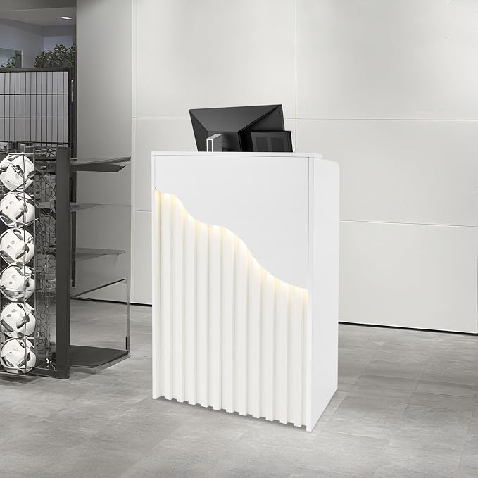 CNCEST Modern Reception Desk for Small Spaces with Locking Storage,L-Shaped Office Front Desk & Checkout Counter, with LED Light,for Hotel/Shop/Beauty Salon (White)
