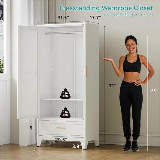 71" Tall Metal Armoire Wardrobe Closet,17.7" Deep By 31.5" Wide Portable Closet for Hanging Clothes,Wardrobe Cabinet with Drawer and Shelve for Bedroom Office Garage,White 1 Pack