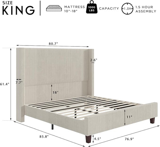 HOWE King Size Bed Frame with 61.4" Extra Tall Headboard, Corduroy Upholstered Bed with Vertical Wingback Headboard, No Box Spring Needed/Noise Free/Solid Wood Slats & Legs/Cream