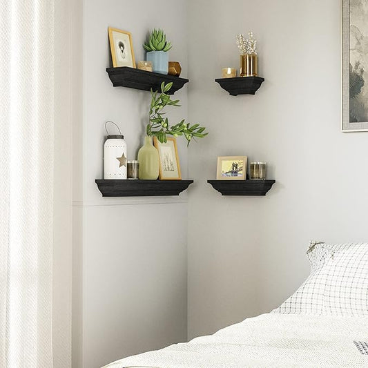 SRIWATANA Black Floating Shelves, Solid Wood Storage Wall Shelves Set of 4 Display Ledge Shelves Decor for Bedroom, Living Room, Bathroom, Kitchen - Black