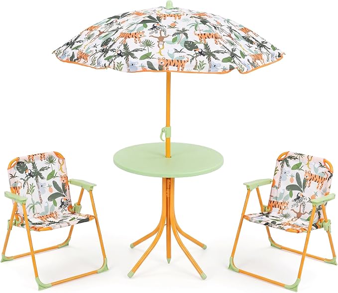 Costzon Kids Picnic Table, Kids Outdoor Table with 2 Folding Chairs, Height Adjustable Umbrella, Portable Children Outdoor Furniture for Patio, Garden, Backyard (Yellow Forest)