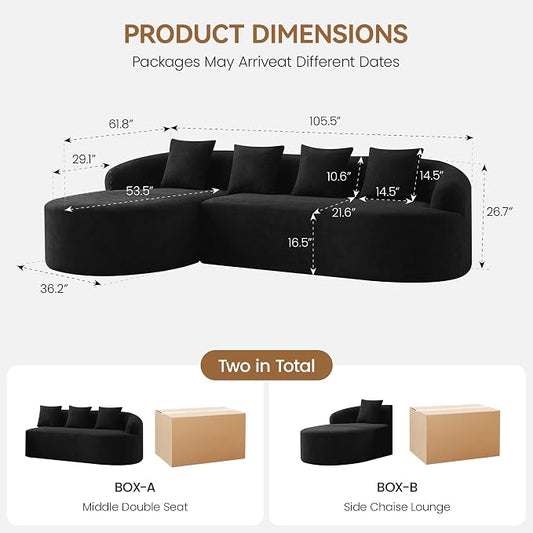 105" Boneless L Shaped Sectional Couch, Curved Cloud Deep Seat Sofa with Chaise Lounge, Oversized 4 Seater Couches for Living Room, No Assembly, Chenille Black