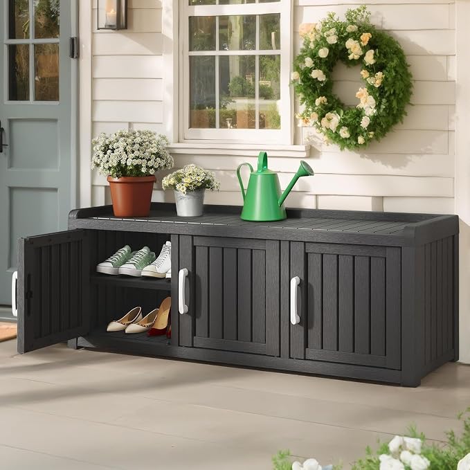 Outdoor Shoe Bench, Waterproof UV-Resistant Indoor Resin Shoe Cabinet, Entryway Shoe Storage with 3 Doors, Living Room, Bedroom, Black (3 Door)
