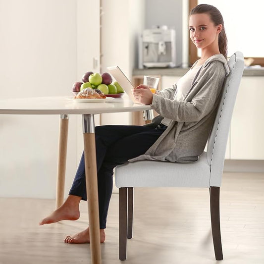 DUMOS Dining Chairs Set of 6, Farmhouse Fabric Upholstered Kitchen Chairs with Wooden Legs and Padded Seat, Modern Accent Chair for Dining Room, Kitchen, Living Room, Restaurant, Light Grey