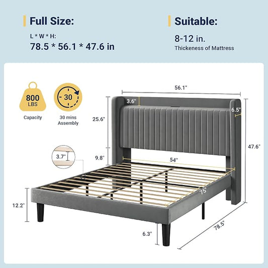 Allewie Full Size Platform Bed Frame with USB Charging Station and Storage Shelf/Upholstered Velvet Wingback Headboard/Wooden Slats Support/No Box Spring Needed/Easy Assembly, Grey