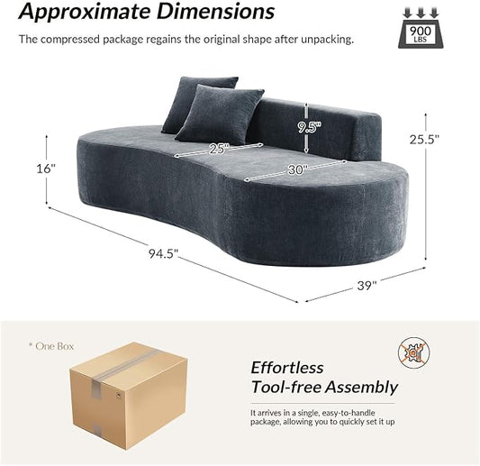 94.5" Boneless Sofa with 2 Pillows, 3 Seater Compressed Foam Sofa with Half Moon Design & Deep Seat, No Assembly Required, Modern Cloud Couch for Living Room, Blue