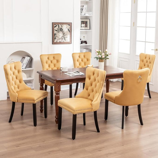 Hixkol Velvet Dining Chairs Set of 6,Upholstered Dining Chairs with Ring Pull Trim and Button Back,Modern Seating for Kitchen, Bedroom & Living Room(Gold)