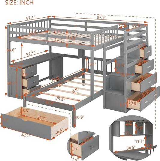 Ball & Cast Full Over Twin Bunk Bed with Safty Guardrail & Storage Stair,Wood Loft Bedframe W/Drawers & Shelves,Desk,Space-Saving,Easy Assembly,Versatile Furniture for Boys Girls Teen Bedroom,Gray