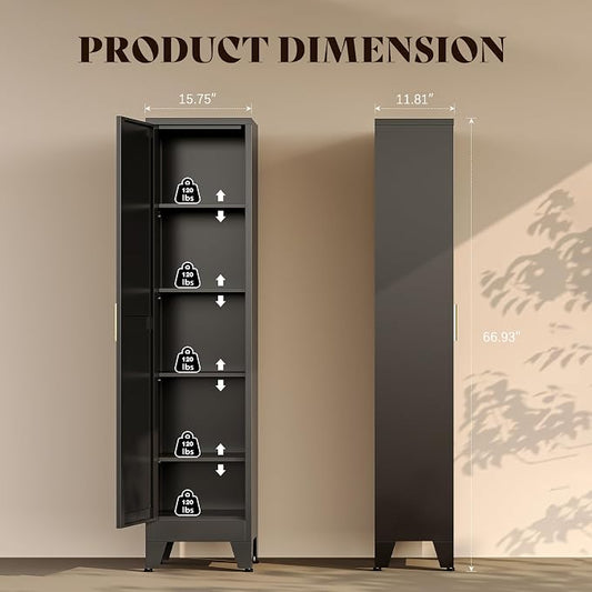 67“H Metal Narrow Kitchen Pantry Cabinet,Black Skinny Pantry Cabinet,Tall Narrow Bathroom Storage Cabinet with Adjustable Shelves,Slim and Thin Pantry Cabinets for Living Room Dining Room