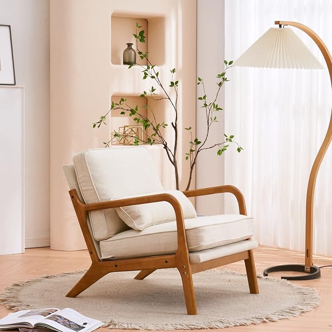 Bonnlo Fine Linen Beige Mid Century Modern Accent Chair, Soild Wood Padding Lounge Armchairs Side Sitting Chairs for Living Room, Bedroom, Guest Room