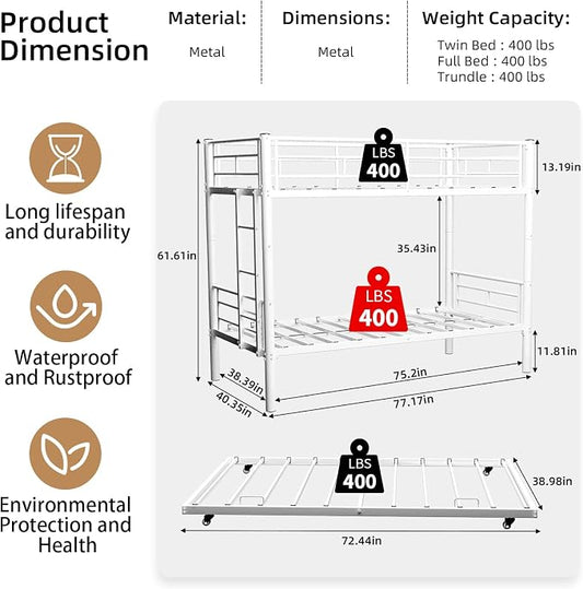Livavege Detachable Bunk Bed Twin Over Twin with Trundle, Heavy Duty Bunk Beds for 3 Kids/Teens/Adults with Safety Guardrails & Ladder, Space Saving 3 Metal Bed Frame for Bedroom, Dorm, White