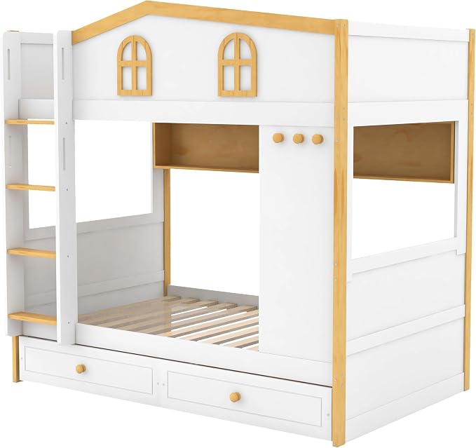 Merax Twin Over Twin Size House Bunk Bed with Storage Shelves & 2 Drawers, Solid Wood Space-Saving Loft Bed Frame with Safety Guardrails for Bedroom, White+Natural
