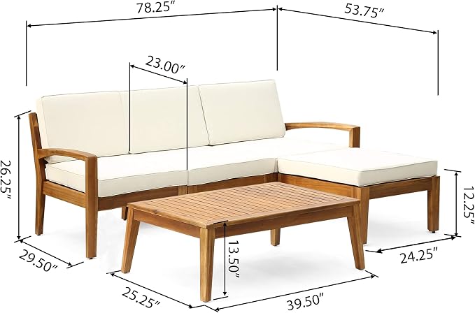 Christopher Knight Home Grenada Sectional Sofa Set | 5-Piece 3-Seater | Includes Coffee Table and Ottoman | Acacia Wood Frame | Water-Resistant Cushions | Teak and Beige, Finish