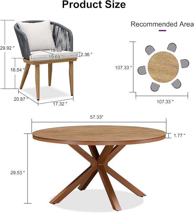 PURPLE LEAF 7 Pieces Patio Dining Set Wicker Outdoor Furniture Round Table and Chairs Set for Garden Deck Teak-Finish Aluminum Frame Backyard Kitchen Set, Cushions and Pillows Included