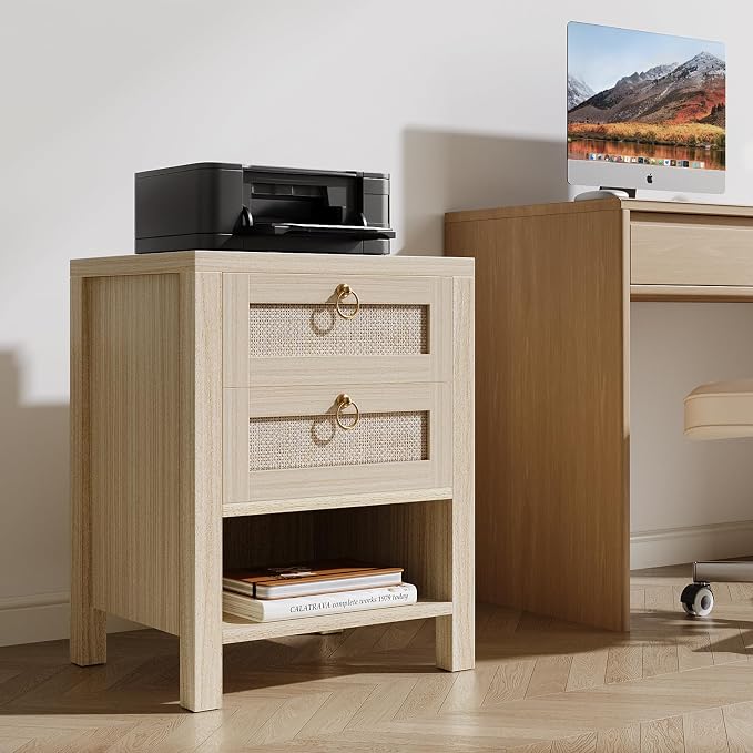 Rattan Night Stand with Drawers - Boho Nightstand with Charging Station, Bedside Table with Storage Shelf, Accent Side Table End Tables Living Room, Wood Nightstands for Bedroom, White Oak