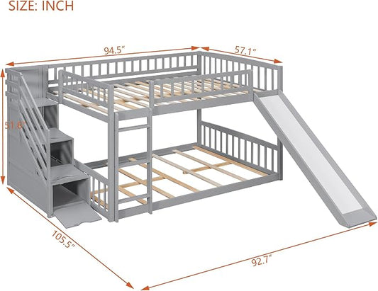 RUNNA Full Over Full Bunk Bed, Staircase with Drawers, Slide, Ladder | full over full bunk bed, staircase with drawers, convertible slide and ladder, solid pine wood, guardrails, no box spring