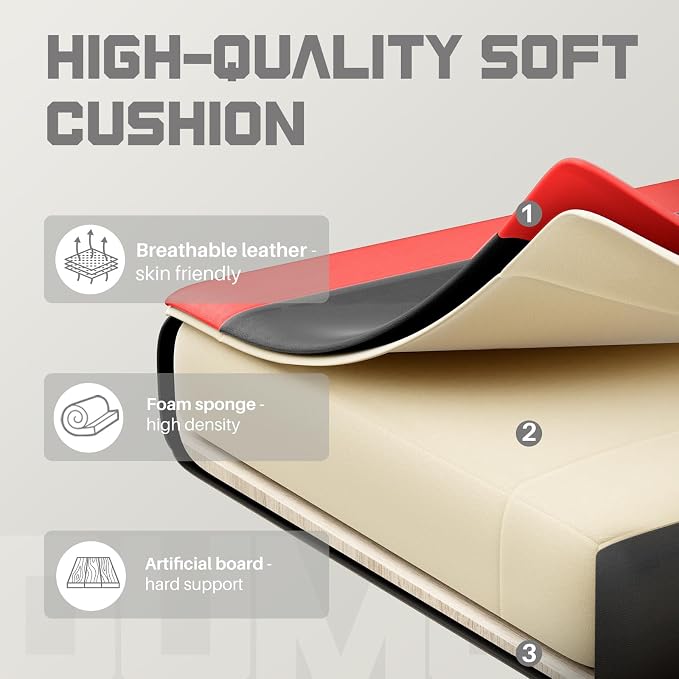 DUMOS Ergonomic Gaming Office Desk Chair with Footrest and Headrest for Adults, PU Leather Video Computer Chair with Linkage Armrests, Height Adjustable 360° Swivel Recling, Black Red