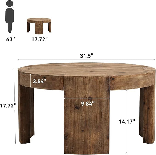 Solid Wood Round Coffee Table, 31.5-Inch Farmhouse Circle Center Cocktail Tea Table for Living Room, Wood Home Living Room Furniture, Easy Assembly, Rustic Brown