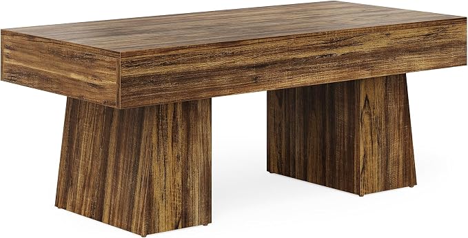 LITTLE TREE Farmhouse Coffee Table, 47 Inches Living Room Table, Rectangular Wooden Accent Center Tables with Thick Base, Modern Low Cocktail Tea Furniture for Living Room (Walnut Brown)