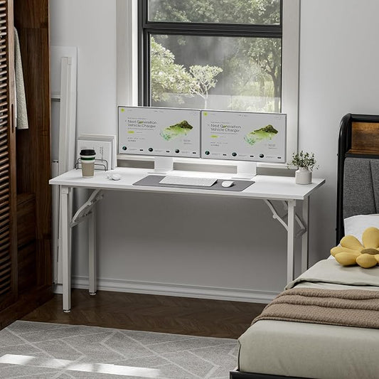 TEMI Long Computer Desk Folding Table - 55.1" Foldable Office Desk, No Assembly, Perfect Writing Table for Bedroom or Apartment, Portable Large Desk or Study Table with Compact Design, White Ash