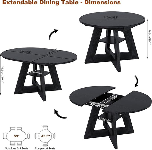 43.3in-59in Extendable Dining Table for 4-6, Round Kitchen Dining Room Table with Removable Leaves Space Saving, Space Saving, Wooden Cross Base with Storage Shelf for Kitchen Living Room (Black)