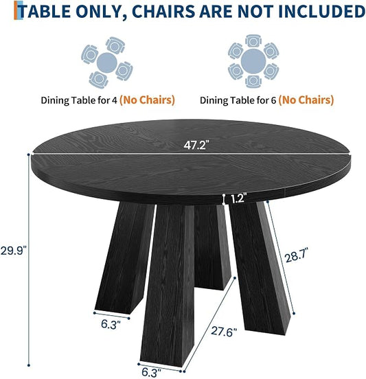 IDEALHOUSE 47" Round Dining Table for 4-6, Wood Kitchen Table with Sturdy Base, Farmhouse Circle Dinner Table for Dining Room, Living Room, 4 Strong Legs, Black