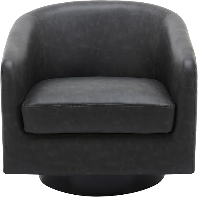 360° Swivel Barrel Accent Chair Armchair, PU Leather Round Club Arm Chair for Lving Room, Modern Upholstered Small Bedroom Single Sofa Seat - Black, Set of 2