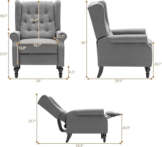 Mid Century Wingback Recliner Chair for Adults, Modern Linen Fabric Push Back Recliner Chairs with Button Tufted Upholstered Back & Footrest, Manual Recliner Chais for Living Room, Nursery, Gray