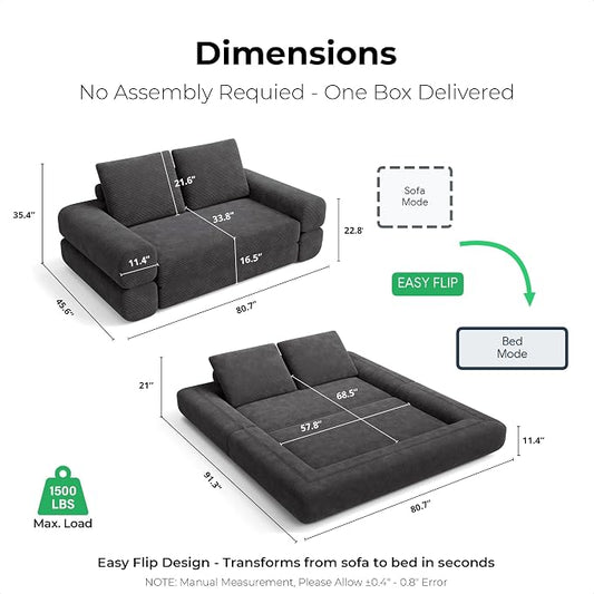 LIKIMIO FlipNest Convertible Sleeper Sofa Bed Floor Sofa 3-in-1 No Assembly, Foldable Mattress with Corduroy Upholstery Dark Grey, Lounge Loveseat Couch for Living Room Studio Guest Room