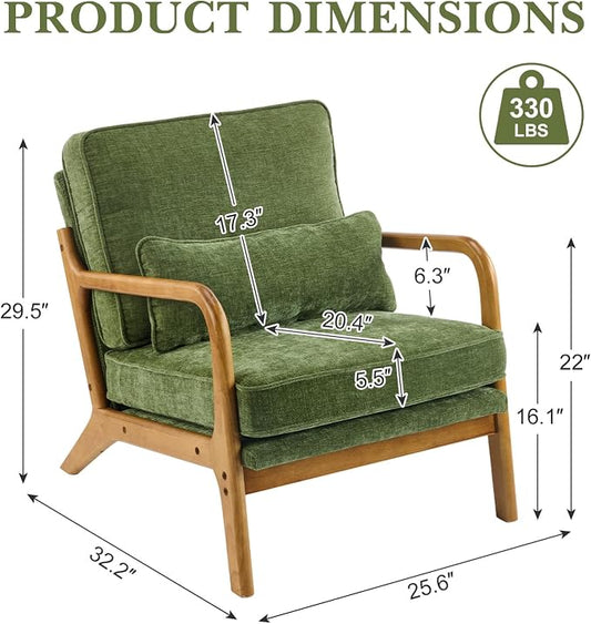 Karl home Mid Century Modern Accent Chair with Lumbar Pillow & Oak Arms – Plush Chenille Living Room Chair for Bedroom, Lounge (Olive Green)