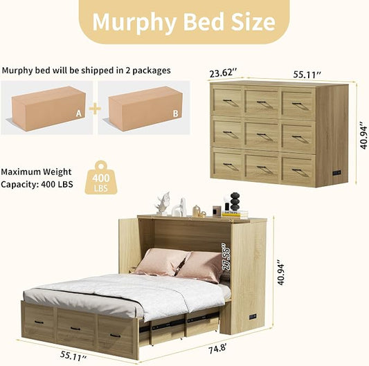 Full Size Murphy Bed with Charging Station and Drawer Farmhouse Cabinet Bed Wood Space-Saving Hidden Folding Platform Bed Chest for Home Office Bedroom Guest Room Apartment,Natural