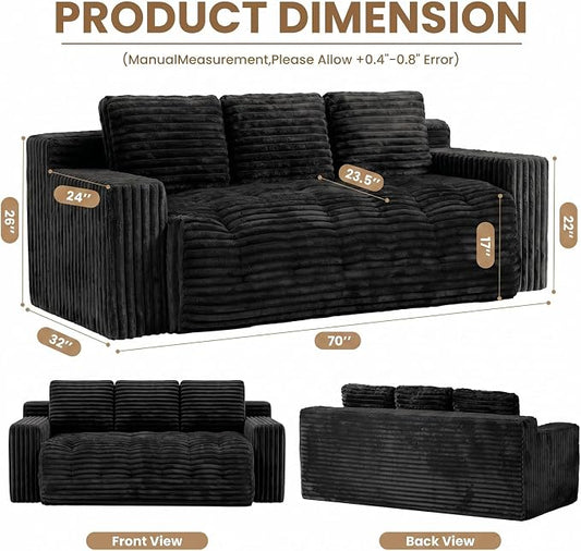 70” Boneless Couch, 3 Seater Sofa Couch with Extra Deep Seats 3 Pillows,Corduroy Modern Small Couch for Living Room, Office, Bedroom, Apartment,Black