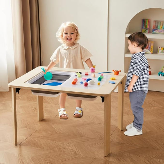 Sensory Play Activity Table for Kids, Foldable Table for Easy Storage with 2 Collapsible Storage Bins and Acrylic Painting Board, Wooden Made