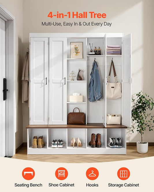 VEVOR Hall Tree with Bench and Shoe Storage, 63" Wide, 4-in-1 Entryway Hall Tree with Bench, Hanging Hooks, Storage Cabinet, and Shoe Cabinet, Wooden Furniture for Mudroom, Entryway, Hallway, White