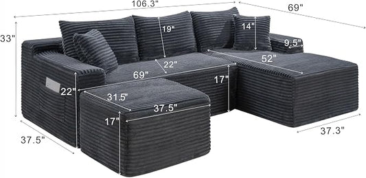 106-Inch Oversized U-Shaped Right Facing Corner Compressed Sofa Modular Boneless Cloud Sectional Sofa Floor Foam Couch W/Chaise & Ottoman, Corduroy Corner Boneless Cloud Couch