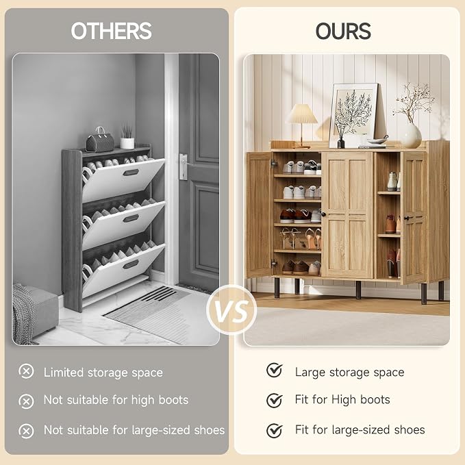 ONBRILL Shoe Cabinet with 3 Doors and Adjustable Shelves, 30 Pairs Shoe Storage Cabinet, 40 Inch Tall Farmhouse Shoe Rack Shoe Organizer Cabinet for Entryway Living Room Closet, Natural Oak