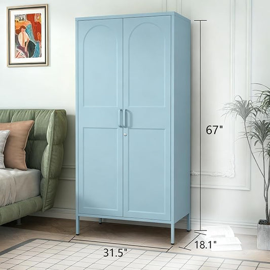 Lockable Vintage Blue Tall Metal Wardrobe, Freestanding Cold Rolled Steel Storage Cabinet with Arched Embossed Doors & Raised Feet for Home Office Size:67" H x 31.5" W x 18.1" D