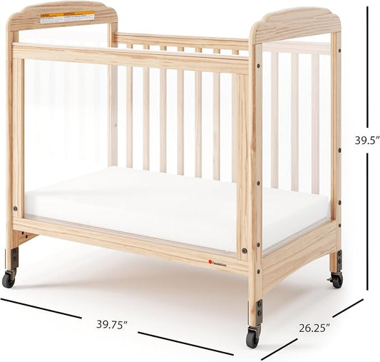 Foundations Serenity Compact 3 Side Clearview Daycare Crib Natural, Fixed Side, Durable Wood Construction, Non-Marking Casters (2 Locking), Includes 3” InfaPure Foam Mattress