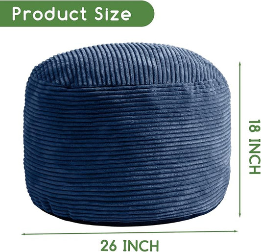HIGOGOGO Round Stuffed Pouf Ottoman, Corduroy Poufs with Foam Chunk Filling, Furry and Fluffy Pouf Foot Stool Storage Ottoman, 26 X 18 Floor Poufs Foot Rest for Living Room, Bluestone
