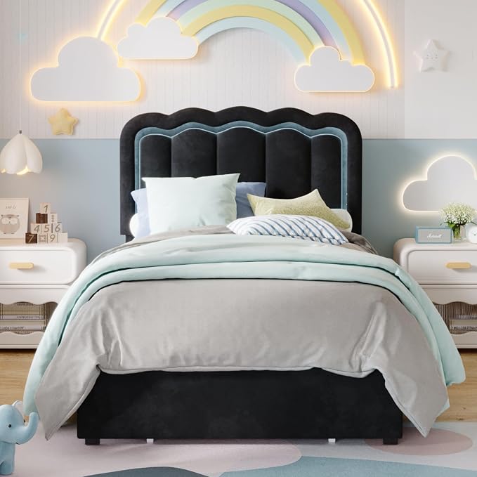 SHA CERLIN Upholstered Twin Size Bed Frame with LED Lights and Large Storage Drawer, Velvet Platform Bed with Adjustable Wavy Headboard, Noise Free, Easy Assembly, No Box Spring Needed, Soft Black