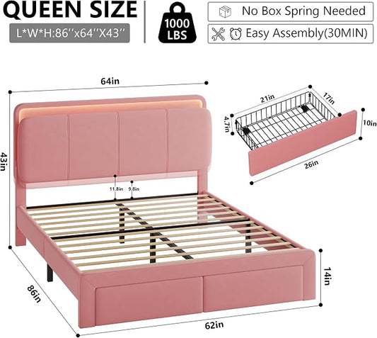Feonase Queen Upholstered Bed Frame with Headboard and 2 Storage Drawers, Built-in Charging Station, Velvet Platform LED Bed with Solid Wood Slat Support, No Box Spring Needed, Pink