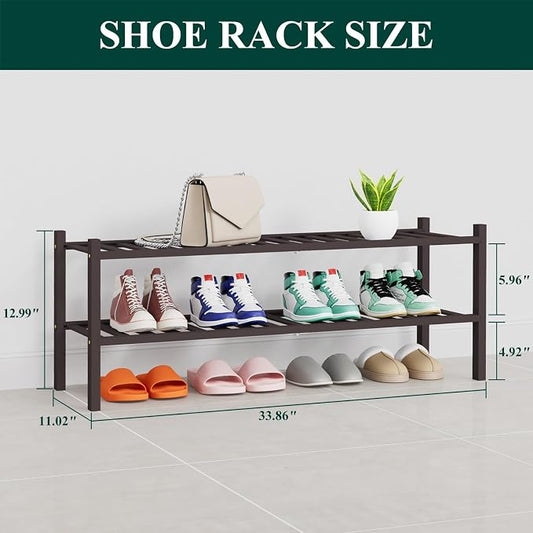 Smiry Long Bamboo Shoe Rack, 2 Tier Free Standing Wooden Shoe Organizer, Stackable Wood Shoe Storage Shelf for Closet, Entryway, 14 Vertical Slats, One-piece Heavy-Duty Legs, 33.7"x11"x13", Brown
