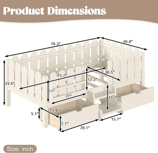 Bellemave Twin Kids Montessori Bed with Stairs, Bookshelf and LED Lights, Solid Wood Kids Bed Frame with Storage Drawers for Boys Girls, Low Profile,Beige