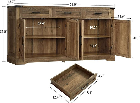 usikey 61" Large Buffet Cabinet with 4 Doors and 3 Drawers, Farmhouse Buffet Sideboard Cabinet with Storage, Coffee Bar Wine Bar for Living Room, Honey Brown