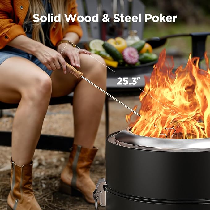 Ciays Smokeless Firepit, 19 Inch Fire Pit for Camping with Patented Technology, Portable Fire Pit for Outside with Steel Grill Rack, Fire Poker, and Bag, Easy Setup and Storage, Wood Burning (Black)
