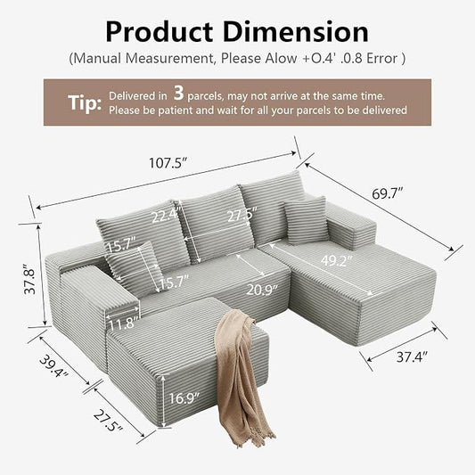 107" Comfy U-Shaped Sectional Modern Boneless Corduroy Couch with Chaise - No Assembly Required! Deep-Seat, Upholstered Modular Cloud Sofa for Living Room, Plush Corduroy Fabric Grey