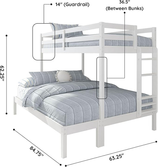 Grain & Grove Bear Twin XL Over Queen Bunk Bed, Sturdy Bunk Bed Frame for Kids, Plywood Bunk with Ladder, Guardrail, and Slats, No Box Spring Required, Brushed White
