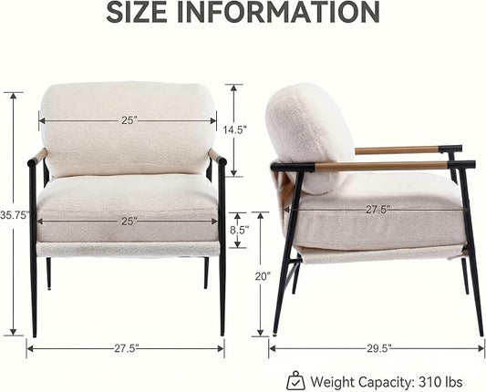 DUOMAY Mid-Century Modern Accent Chair Set of 2, Comfy Sherpa Sofa Lounge Chair Reading Corner Chair for Living Room Bedroom Office, Mid-Back Arm Chair with Black Metal Leg, White