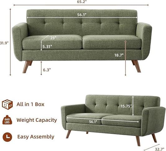 Tbfit 65" W Loveseat Sofa, Mid Century Modern Couches Love Seats for Living Room, Button Tufted Upholstered Small Couch for Bedroom, Solid and Easy to Install Love Seats Furniture, Green