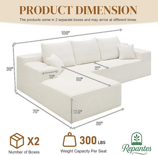 108" L Shaped Boneless Sectional Couches for Living Room, Comfy Corduroy Floor Cloud Sofa with Chaise, Wide Armrest, Deep Seat, Memory Foam, Assembly Free, Ideal for Small Spaces, White
